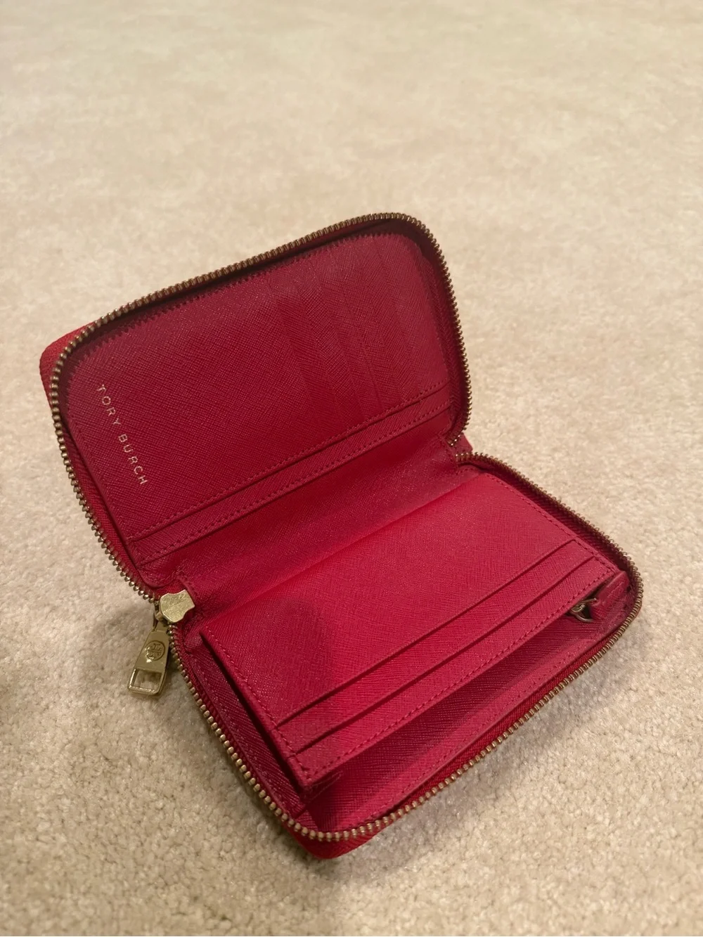 Tory Burch Cherry Red Zip-Around Wallet with Gold Logo